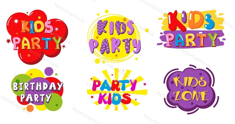 Birthday party kids zone label banner set, vector isolated illustration. Abstract color shapes, creative hand lettering typography for party invitation, card, children game room or center logo.