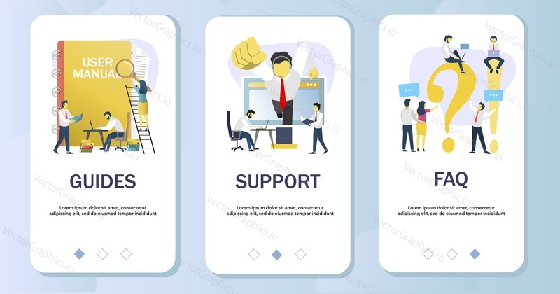 Guides, Support, FAQ mobile app onboarding screens. Menu banner vector template for website and application development. Question and answer page, customer service, technical support.