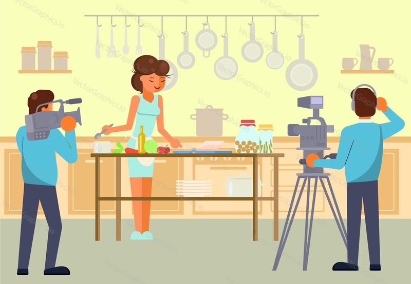 Woman cooking and film crew male characters recording video, vector flat style design illustration. Culinary tv show, cooking master class concept for web banner, website page etc.