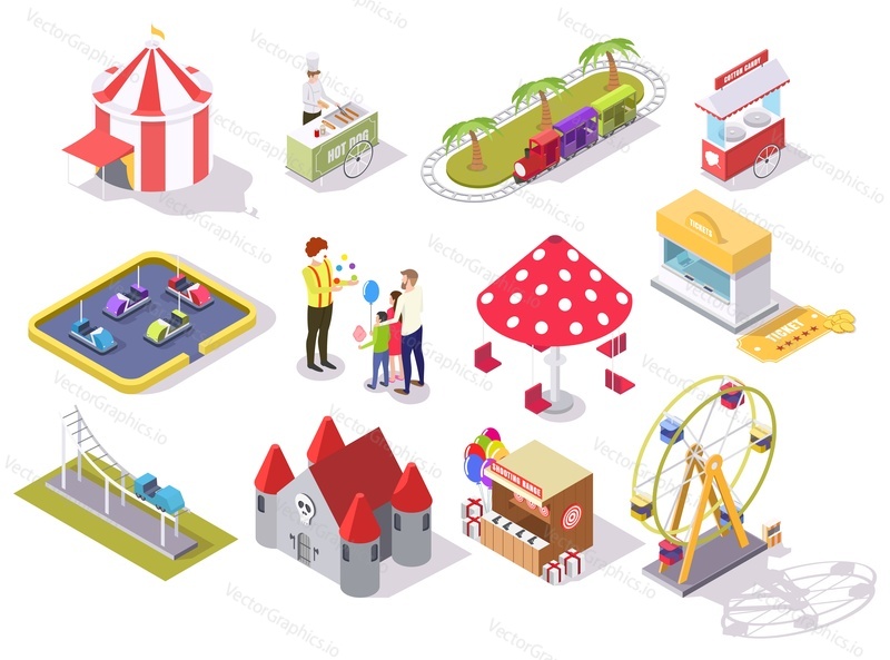 Amusement park vector flat isometric icon set with roller coaster carousel castle ferris wheel circus tent shooting range bumper cars train ride areas, cotton candy and hot dog carts, ticket office.