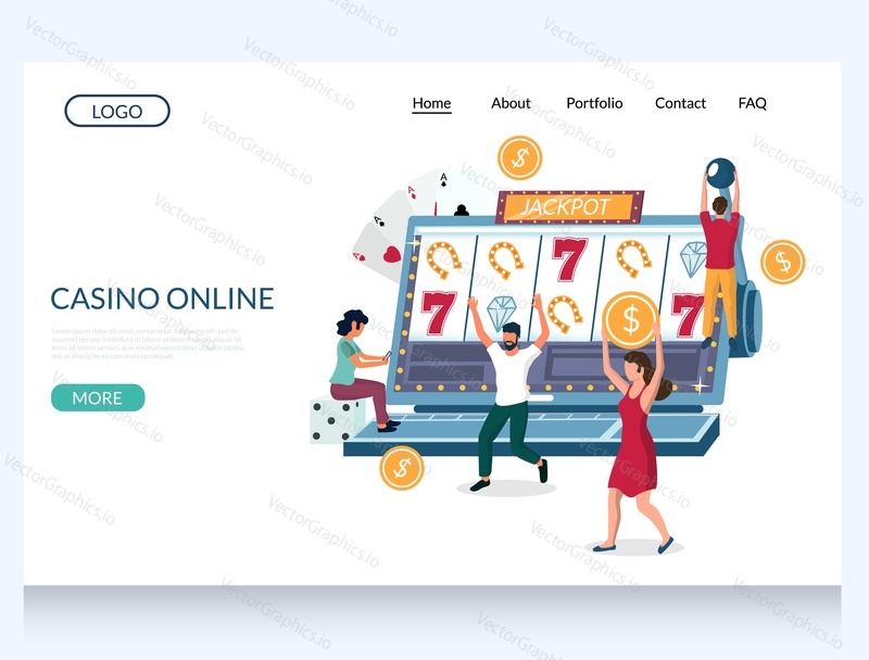Casino online vector website template, web page and landing page design for website and mobile site development. Internet slot machine game on laptop computer screen, characters winning jackpot.