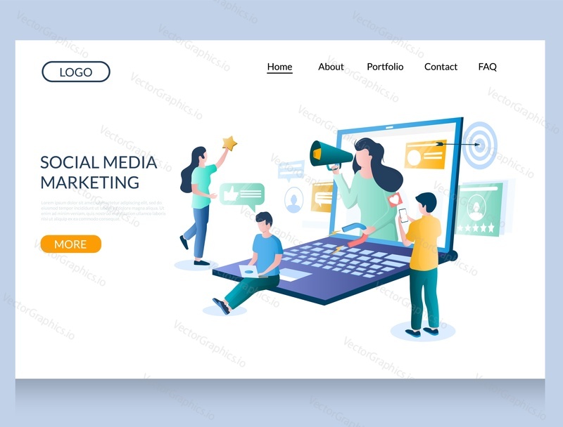 Social media marketing vector website template, web page and landing page design for website and mobile site development. SMM product or service promotion, digital marketing strategy.