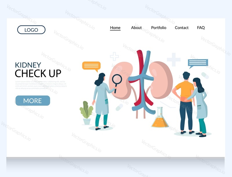 Kidney check up vector website template, web page and landing page design for website and mobile site development. Doctors examining patient suffering from kidney disease. Urology, nephrology concept.