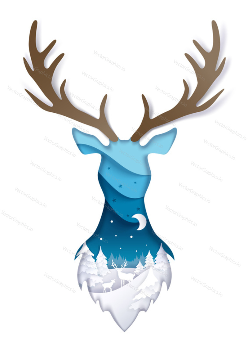 Double exposure vector layered paper cut wild deer head silhouette with winter night forest landscape inside. Winter trendy composition for greeting card, poster, banner, website page etc.