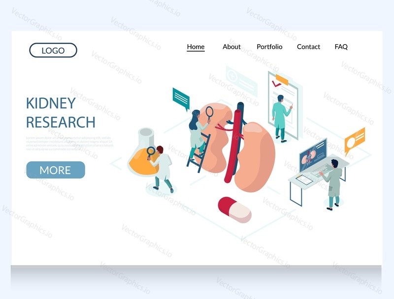 Kidney research vector website template, web page and landing page design for website and mobile site development. Kidney disease clinical research trials in nephrology laboratory.