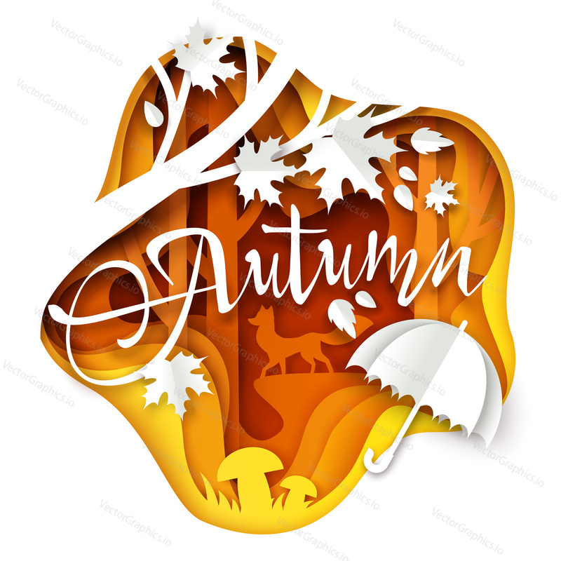Autumn layered paper art style vector illustration. Beautiful seasonal composition with paper cut umbrella, maple tree branch with leaves, mushrooms and fox. Autumn creative hand lettering typography.
