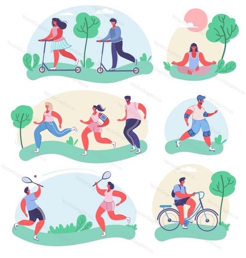 Sport people male female cartoon characters cycling, playing badminton, running, roller skating, doing yoga, riding kick scooter, vector flat isolated illustration. Summer outdoor sports activities.