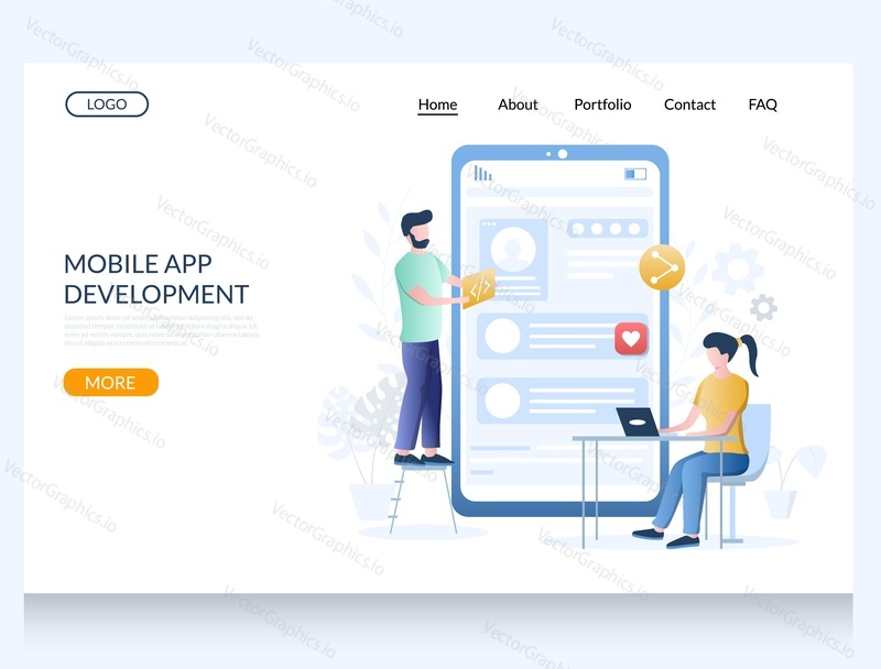 Mobile app development vector website template, web page and landing page design for website and mobile site development. Huge smartphone and micro characters developers team coding, programming.
