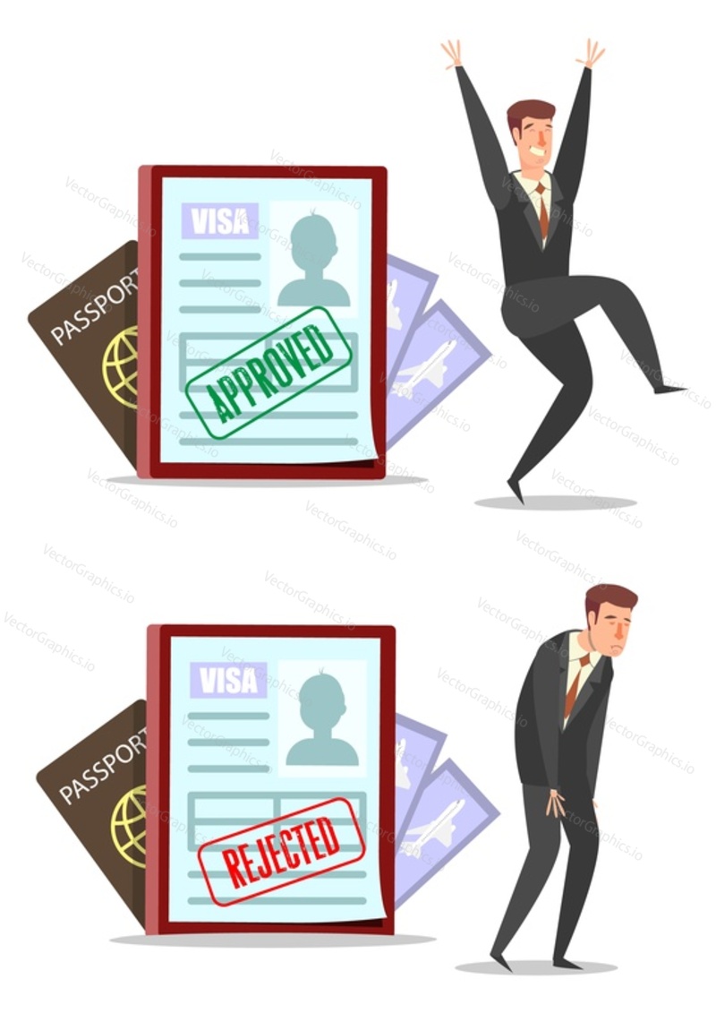 Visa applications with approved and rejected stamps, happy and sad businessmen cartoon characters, vector flat style design illustration.