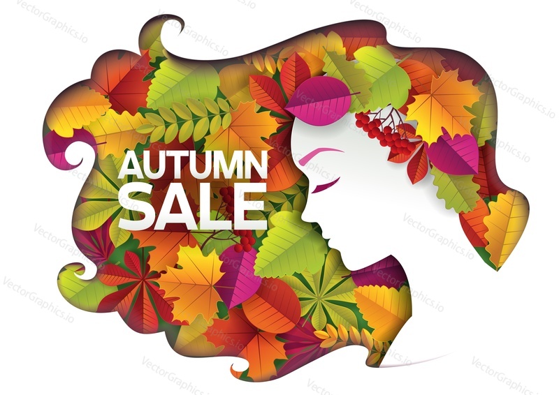 Beautiful girl silhouette with long wavy hair paper cut colorful autumn leaves, vector illustration. Beauty autumn sale composition for card, poster, banner etc.