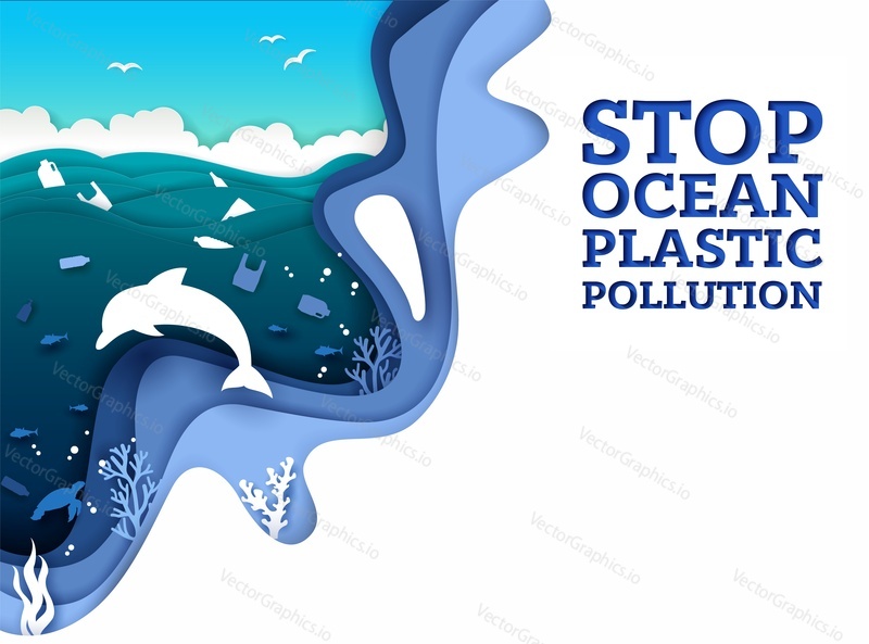 Шаблон баннера плаката с пластиковым загрязнением океана, векторная иллюстрация в стиле слоистого бумажного искусства. Подводный мир с морскими животными, плавающим пластиковым мусором. Экологическая проблема океана, экология.