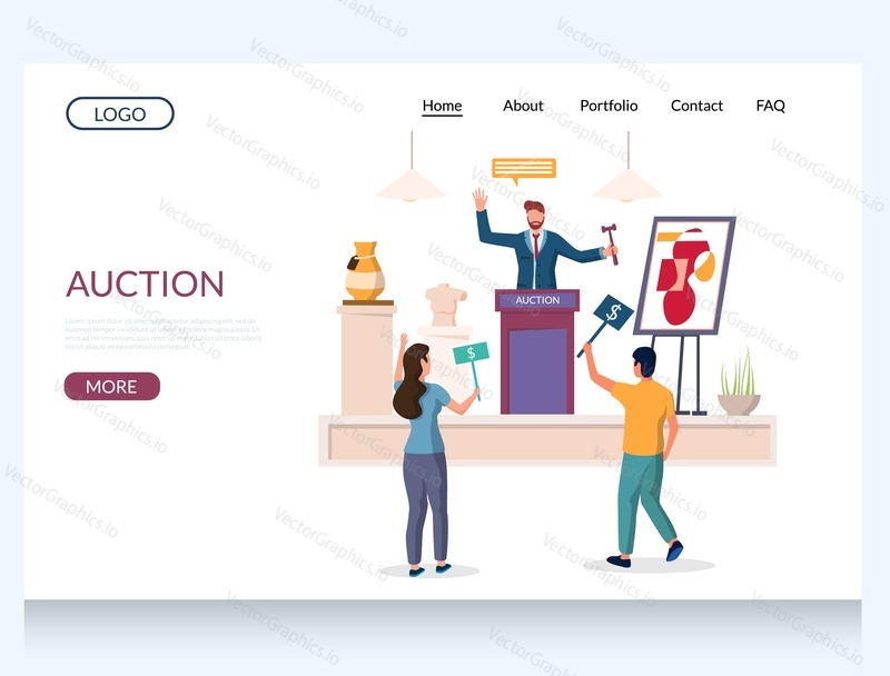 Auction vector website template, web page and landing page design for website and mobile site development. Antique vase auction sale with characters auctioneer calling out prices, buyers making bids.