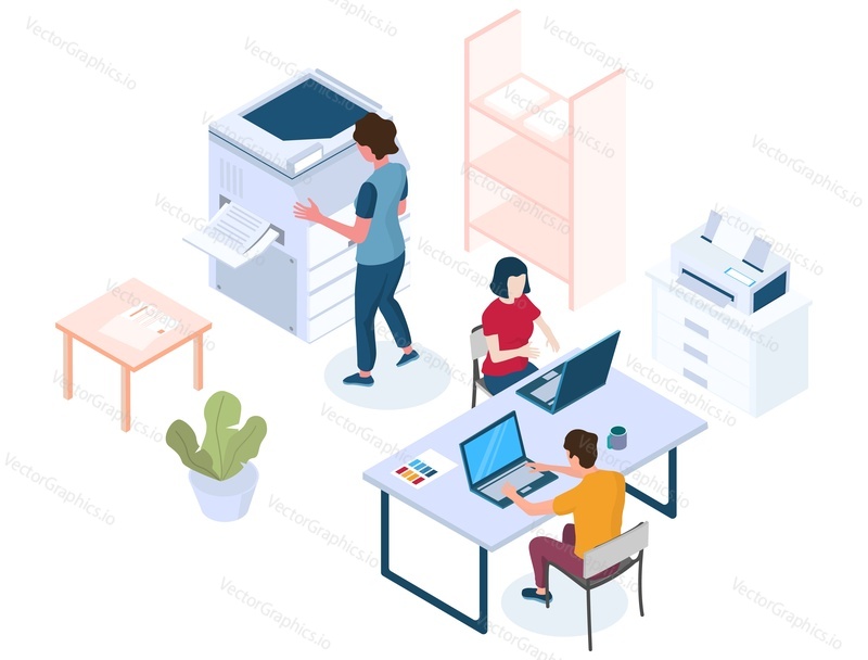 Printing services vector concept illustration. Isometric male and female characters of print shop, publishing house workers and equipment. Printing house composition for web banner, website page etc.