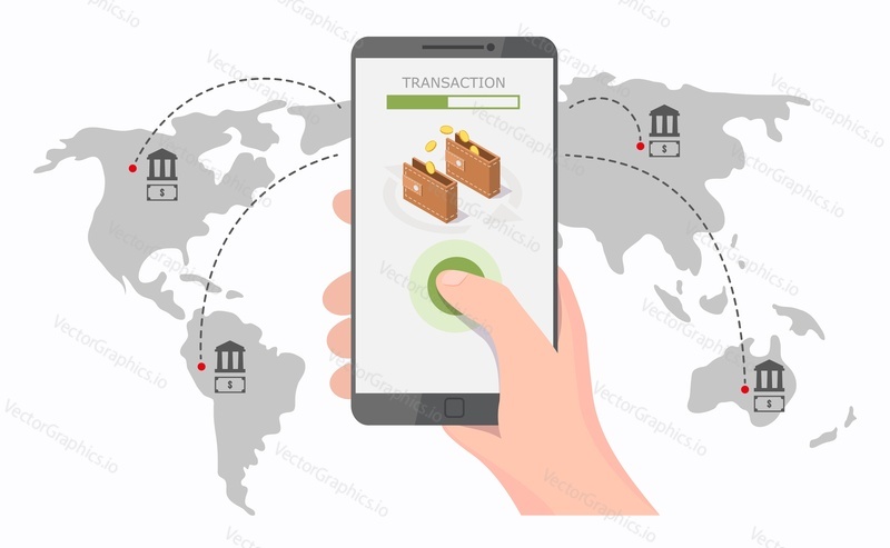 World map, hand holding smartphone with worldwide money transfer app, vector flat illustration. Global online payments, mobile banking and mobile transactions concept.