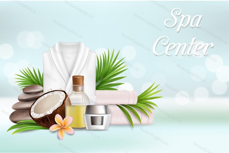 Шаблон дизайна векторного плаката спа-центра. Композиция спа-центра с реалистичным натуральным кокосовым маслом и косметикой, камнями, халатом, полотенцами и местом для копирования.