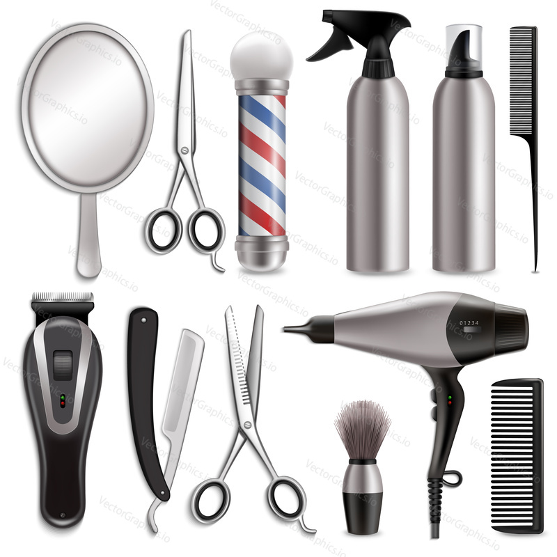 Barber tools set, vector isolated illustration. Mirror, scissors, comb, hairdryer, hair clipper other hairdressing accessories. Barbershop, haircut, beard grooming concept for logo, poster, banner etc