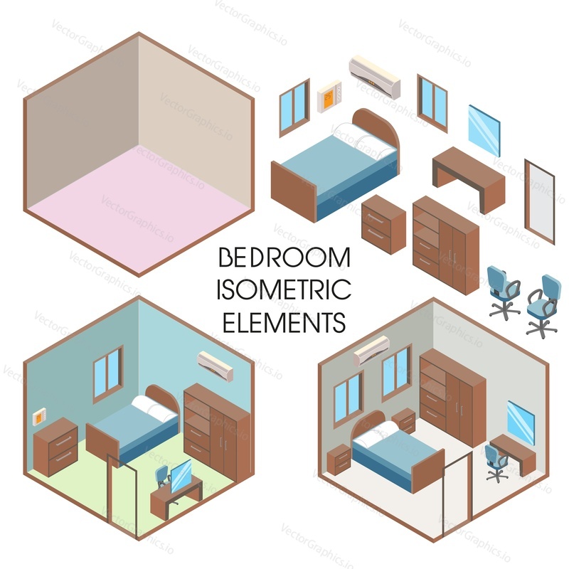 Bedroom interior constructor, vector flat illustration isolated on white background. Isometric cutaway rooms empty and with modern furniture. Bedroom creator.