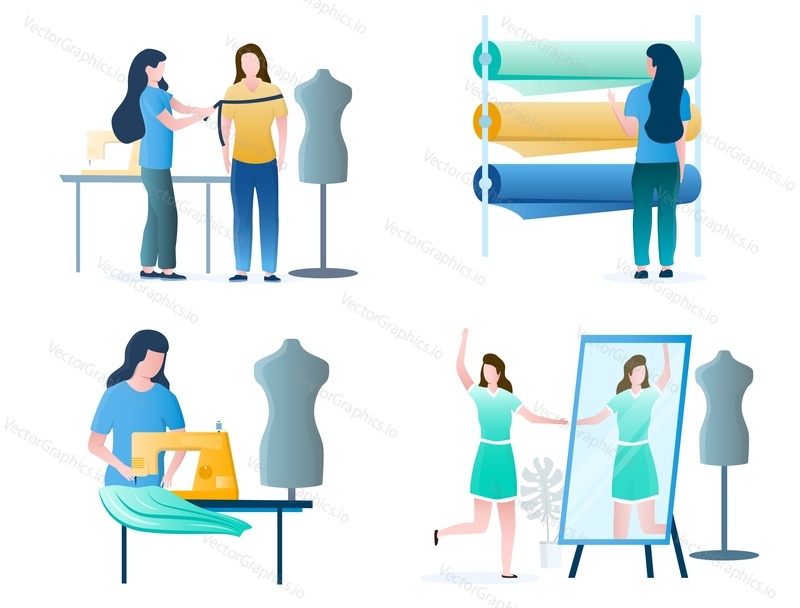 Seamstress, dressmaker, fashion designer female cartoon character set, vector illustration isolated on white background. Clothing industry, atelier, tailoring shop, fashion salon.