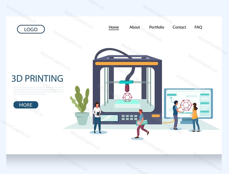 3d printing vector website template, web page and landing page design for website and mobile site development. Prototyping service, additive manufacturing.