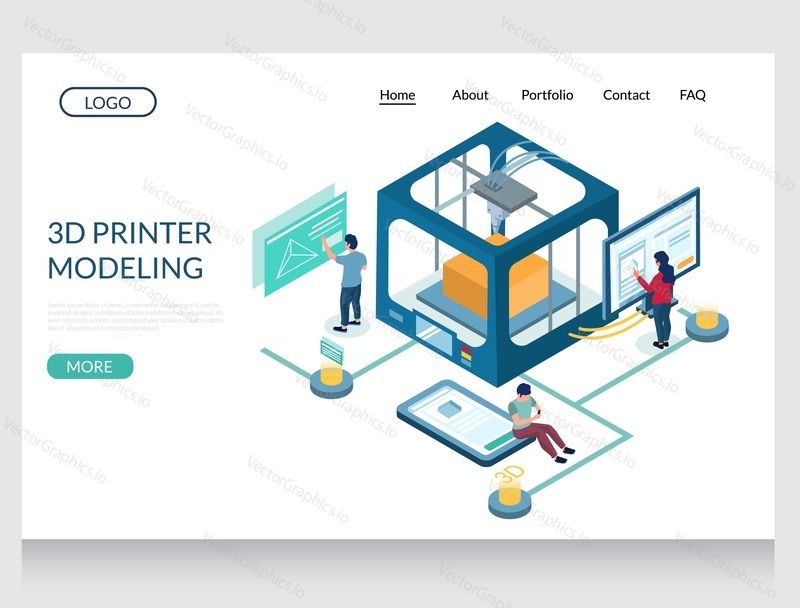 3d printer modeling vector website template, web page and landing page design for website and mobile site development. 3D printing software for preparing three-dimensional models to print.