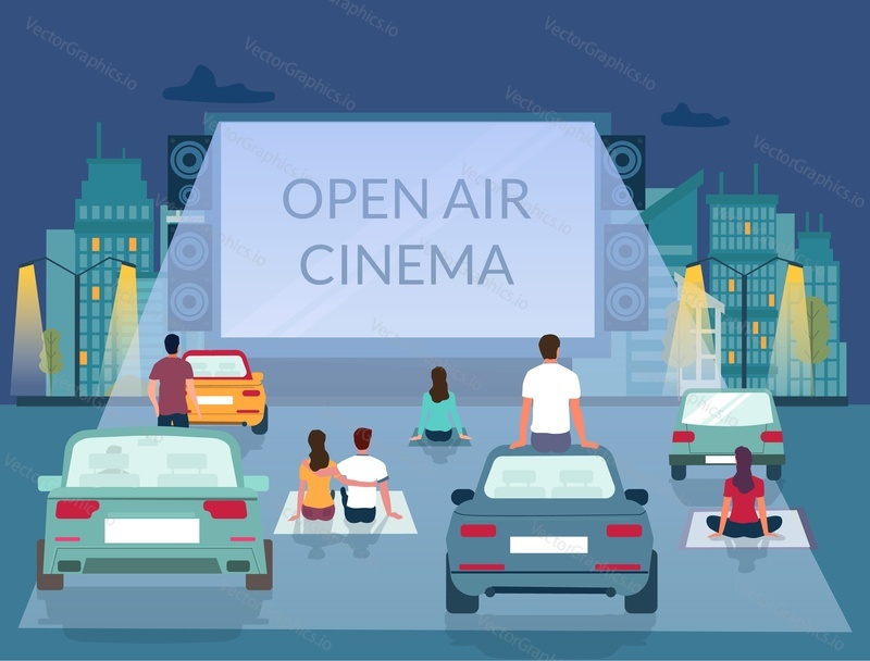 Open air cinema, vector illustration. Male and female characters watching film on big screen while sitting on ground and car roof in parking lot. Outdoor movie theater, drive-in cinema poster template