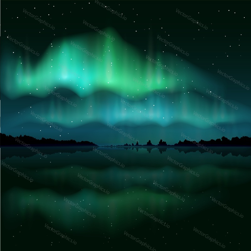 Beautiful colored northern lights, realistic aurora borealis, vector illustration. Night sky and amazing polar lights for poster, banner etc.