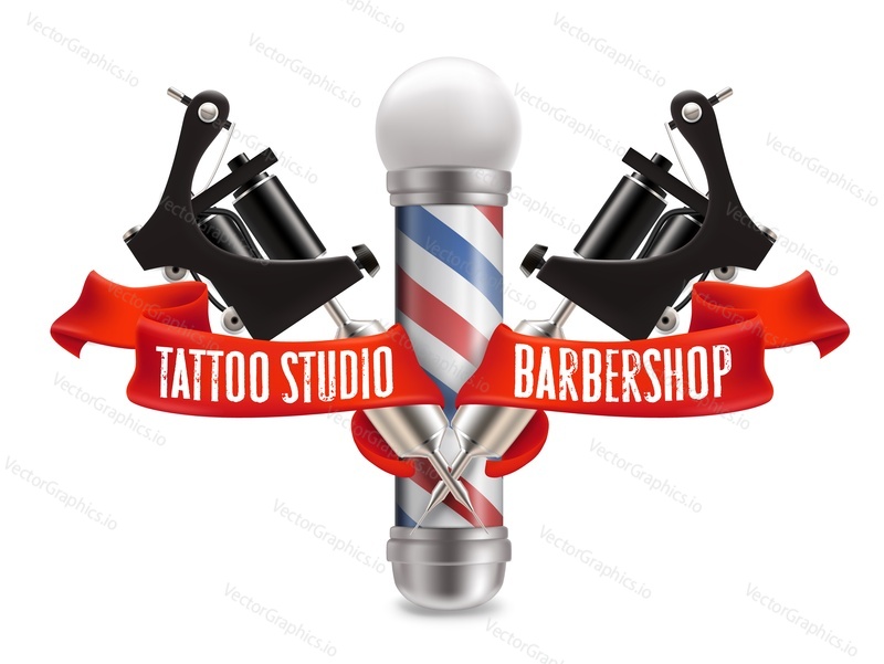 Tattoo studio and barber shop label, logo vector template. Realistic barber pole, two black crossed tattoo machines and red ribbon on white background.