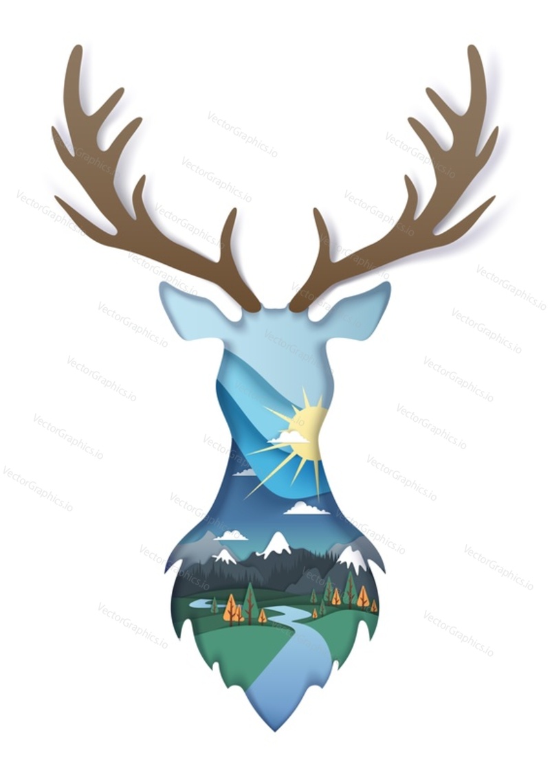 Double exposure vector layered paper cut wild deer head silhouette with nature landscape inside. Beautiful composition for card, poster, banner, website page etc.