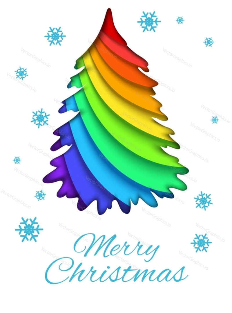 Merry Christmas greeting card vector template. Layered paper cut style colorful Christmas tree silhouette, snowflakes and Merry Christmas hand lettering.