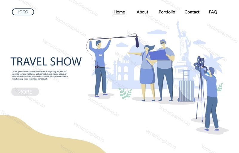 Travel show vector website template, web page and landing page design for website and mobile site development. Travel tv show production concept with characters travelers couple and cameramen.