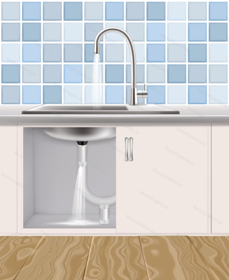 Leaking water pipe under kitchen sink, vector realistic illustration. Plumbing accident, plumber services concept.