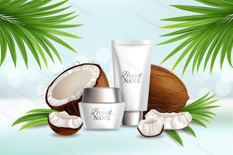 Natural coconut cosmetics, vector advertising poster design template. Realistic whole and half coco, cream tube, jar, palm tree leaves. Coconut skin care product promo composition for banner label etc