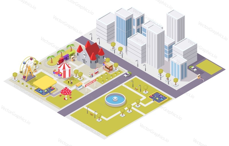 Vector flat isometric city with amusement attractions and public park areas. Carousel medieval castle ferris wheel circus tent shooting range bumper cars train ride, cotton candy and hot dog carts.