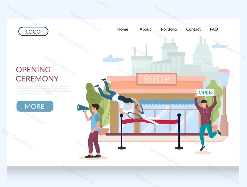 Opening ceremony vector website template, web page and landing page design for website and mobile site development. Store opening event celebration concept with characters.