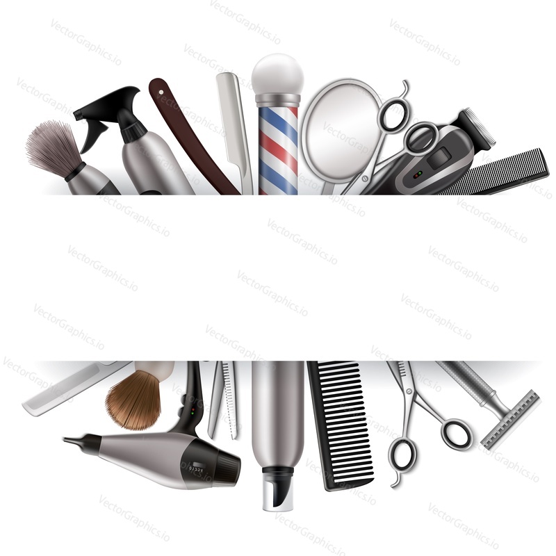 Barbershop frame, vector illustration. Realistic mirror, scissors, comb, hairdryer, hair clipper, shave brush, barber pole, other mens grooming tools and copy space.