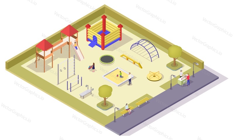 Children playground vector flat isometric composition with kids jumping trampolines, slide, swing, spring rocker, carousel, sandbox and sport equipment for outdoor workout.