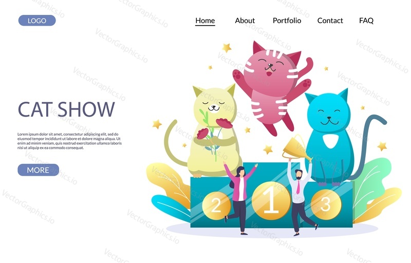 Cat show vector website template, web page and landing page design for website and mobile site development. Cats standing on winner pedestal and happy owners with trophy cup. Cat breeds exhibition.