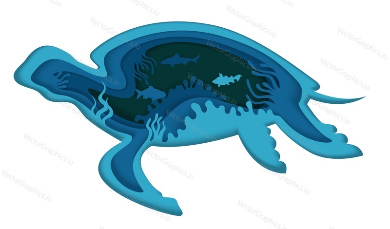 Double exposure vector layered paper cut large turtle silhouette and underwater sea cave with coral reef, fish. Beautiful trendy marine composition for card, poster, banner, website page etc.