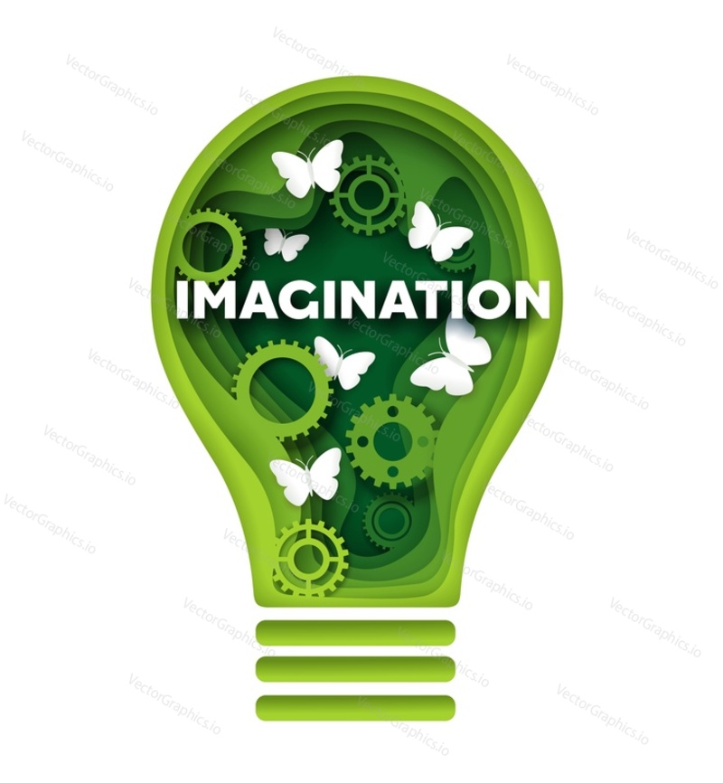 Imagination vector concept illustration in paper art craft modern style. Layered papercut green gear light bulb with white butterflies. Fantasy, dream, creative thinking, idea.