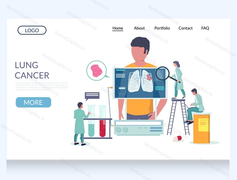 Lung cancer vector website template, web page and landing page design for website and mobile site development. Doctors examining oncology patient suffering from lung carcinoma. Pulmonology concept.