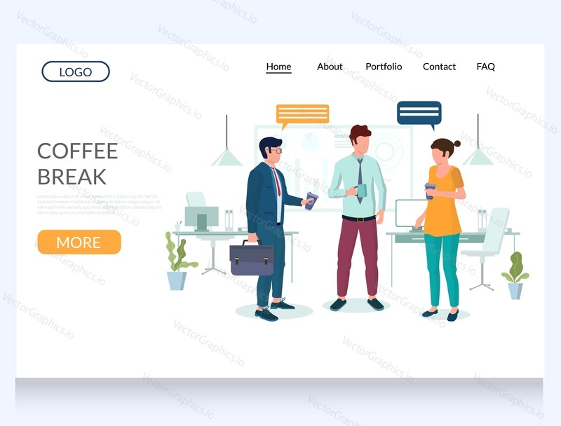 Coffee break vector website template, web page and landing page design for website and mobile site development. Office people colleagues talking to each other while drinking coffee.