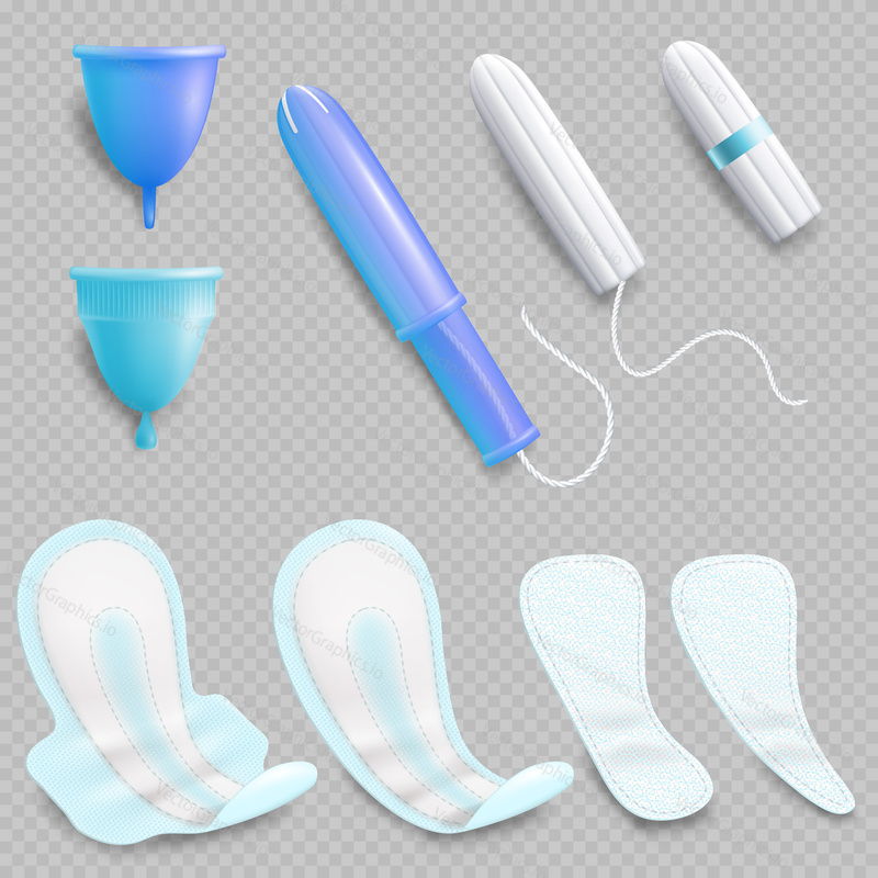 Feminine hygiene products, vector illustration isolated on transparent background. Menstrual cup, tampons, pads or sanitary napkins.