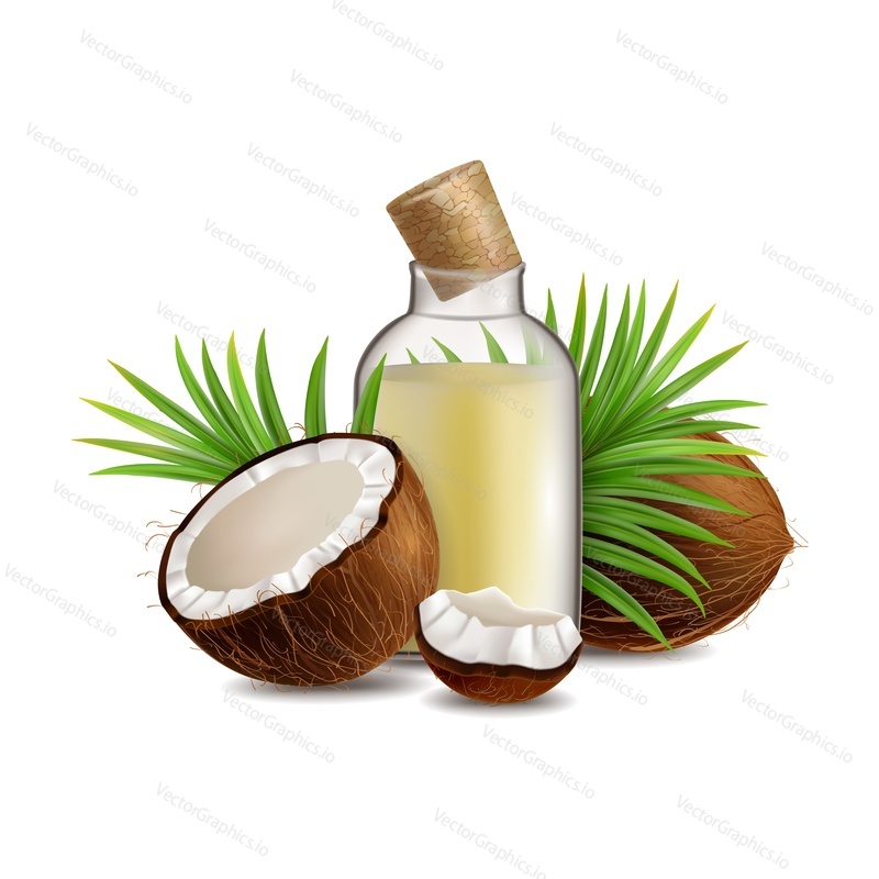 Coconut oil vector illustration. Realistic composition of oil bottle with coconut whole, half, piece, palm tree leaves. Organic natural product used for food, for hair and skin care.