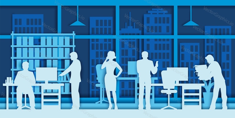 Business people silhouettes in different office situations, vector illustration in paper art modern craft style. Business concept for poster, banner, website page etc.