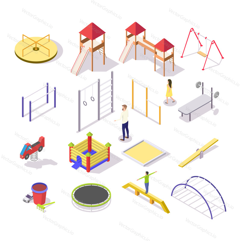 Children playground icon set, vector flat isolated illustration. Isometric jumping trampolines, slide, swing, spring rocker, carousel, sandbox, etc. Play, sport and park equipment for outdoors.