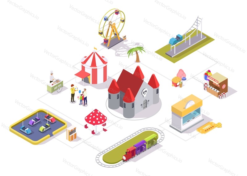 Amusement park vector flat isometric flowchart with carousel castle ferris wheel circus tent shooting range bumper cars train ride roller coaster areas, cotton candy and hot dog carts, ticket office.