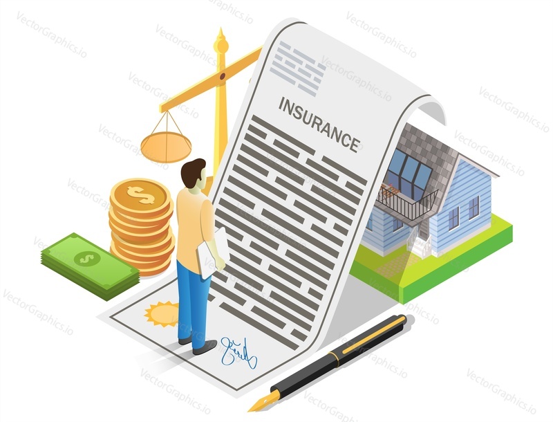 House insurance, vector illustration. Isometric insurant, money, scales of justice and residential house under reliable protection of insurance policy. Home insurance concept for banner, website page.