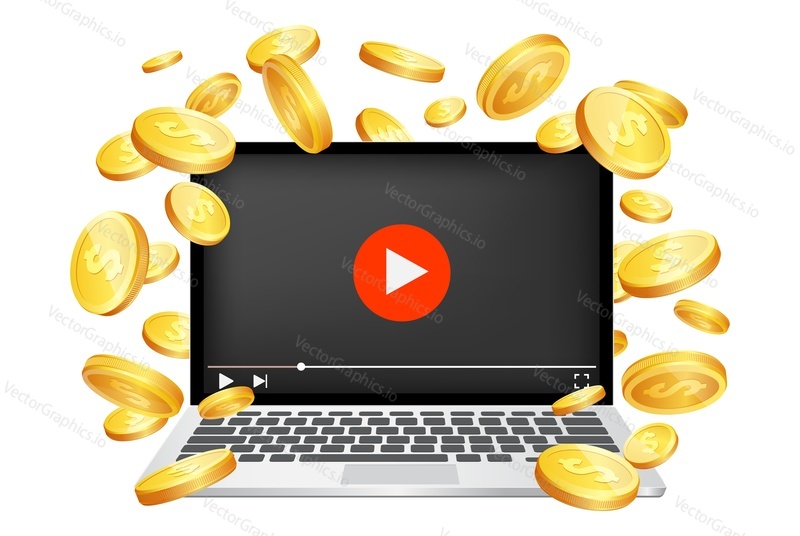 Video monetization concept vector illustration. Laptop with play button on screen and dollar coins around it. Video marketing, making money from videos idea for web banner, website page etc.