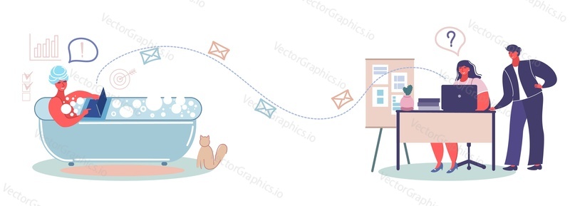 Distant worker freelancer female character communicating with employer using laptop computer while taking bath, vector flat style design illustration. Remote work, freelance concept.