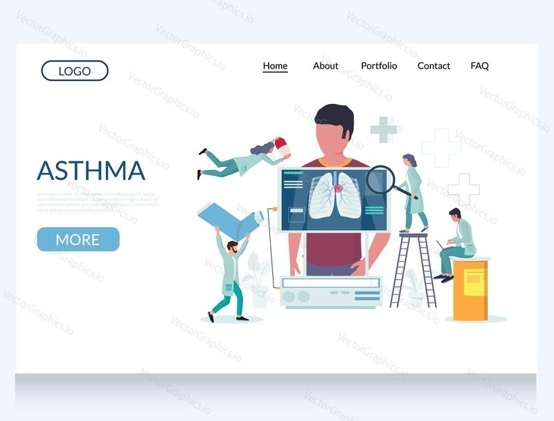 Шаблон векторного веб-сайта астмы, дизайн веб-страницы и целевой страницы для разработки веб-сайтов и мобильных сайтов. Врачи осматривают пациента, страдающего симптомами астматического заболевания. Медицина и здравоохранение.